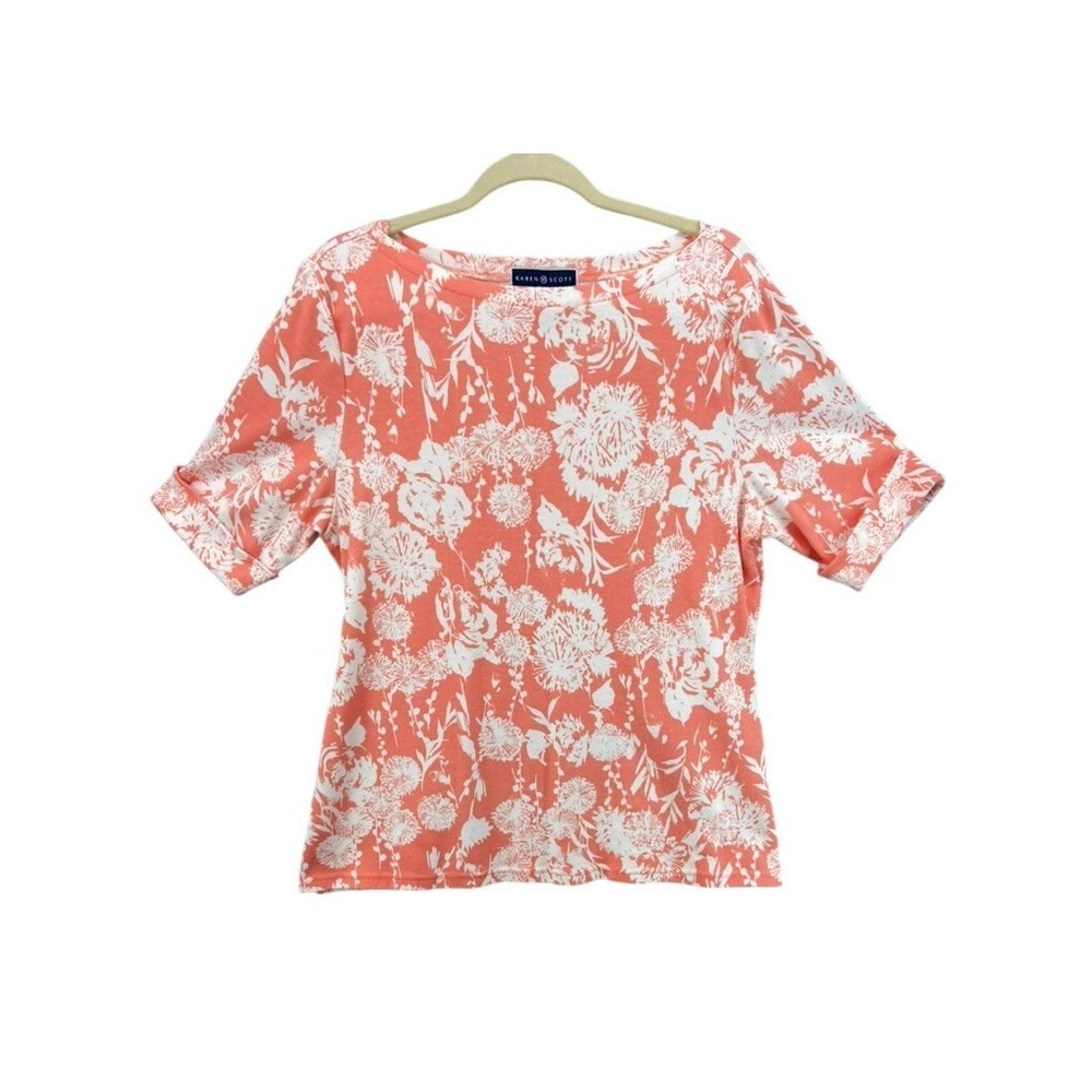 Karen Scott Shirt Womens Sz XL Boat Neck Coral Cuffed Short Sleeve